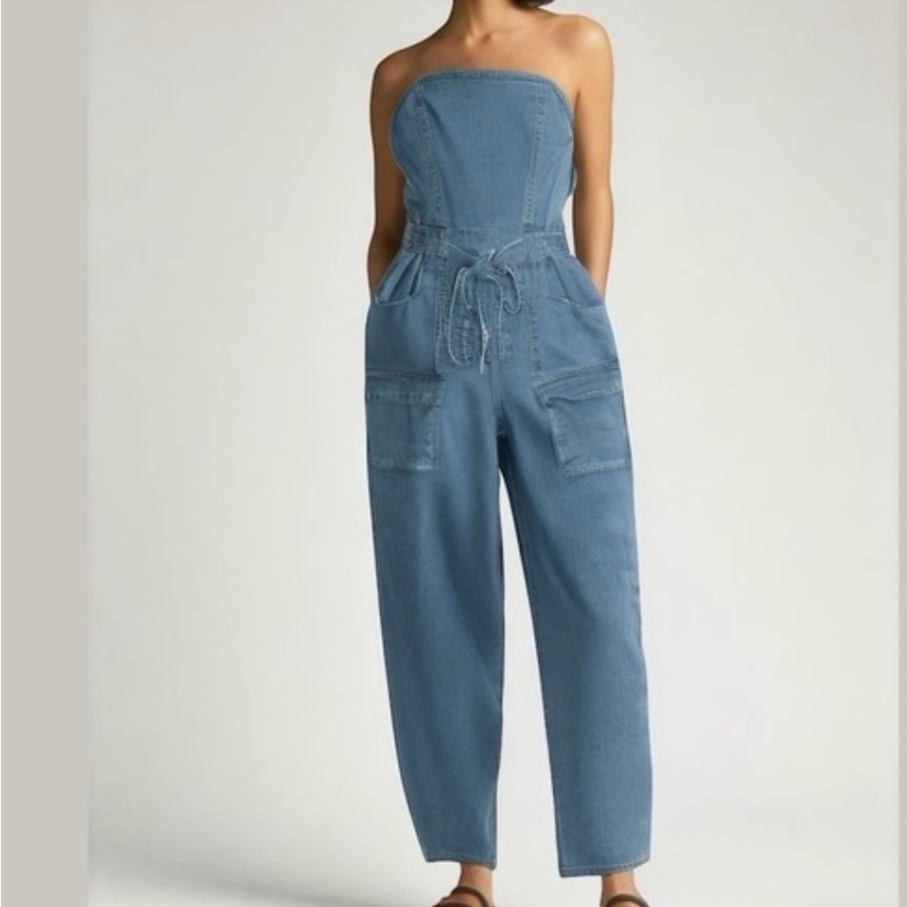 Sincerely Jules Blue Denim Strapless , Cargo Jumpsuit With Tie  Belt - Size XS